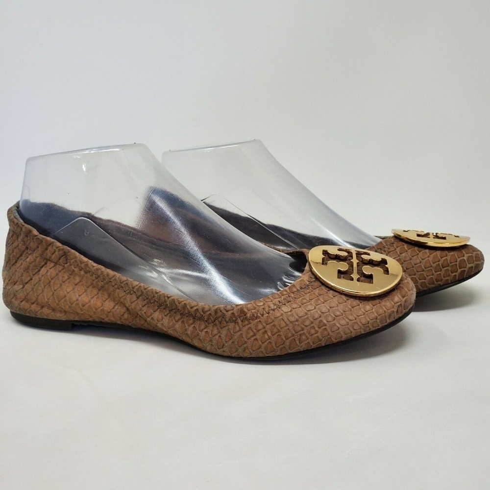 TORY BURCH Brown Reva Ballet Flat Snake Skin Leather Women's Sz 6.5 M
